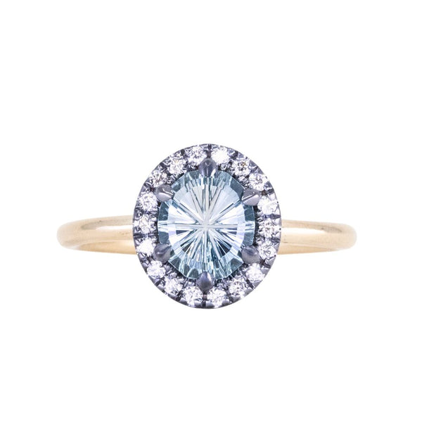 1.40ct Fantasy Carved Untreated Montana Sapphire and Antiqued Diamond Halo ring in 14k Yellow Gold
