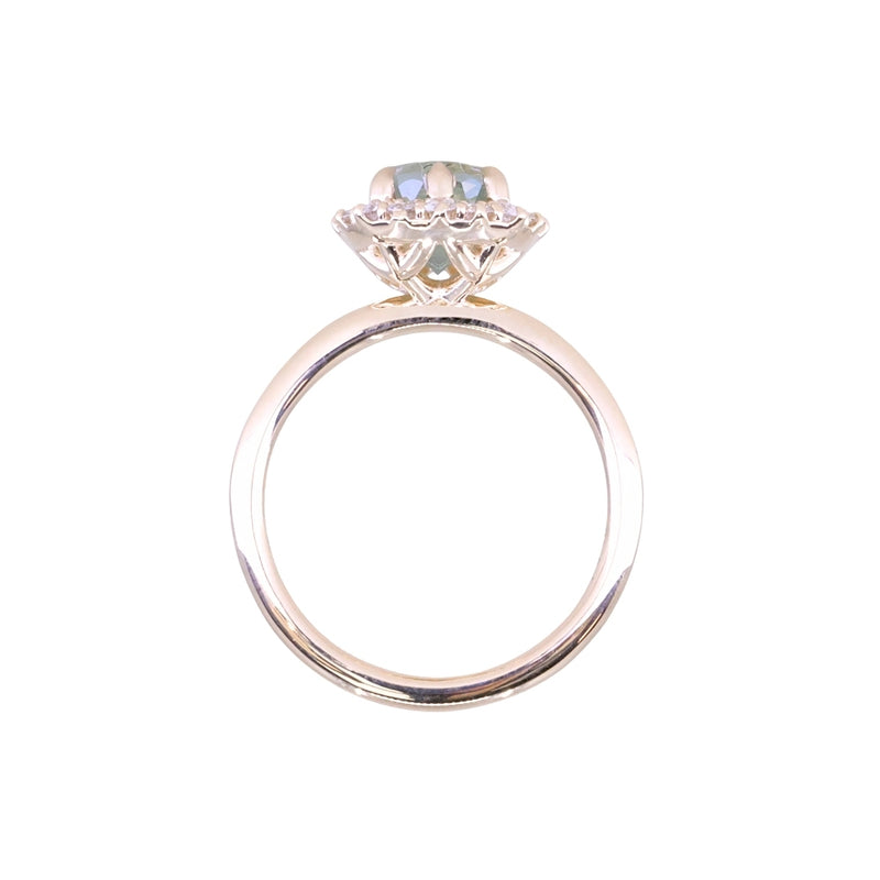 2.18ct"Old Mine Cushion" cut Silky Light Green Montana Sapphire Antique-Style Diamond Halo Ring in 14k Yellow Gold