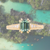 1.33ct Emerald Cut Light Aqua Blue Green Sapphire and Diamond Vintage Cathedral Double Prong Ring in 14k Yellow Gold