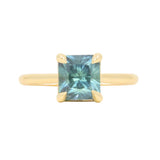 2.67ct Untreated Radiant Cut Montana Sapphire Four Prong Cathedral Solitaire in 18k Yellow Gold