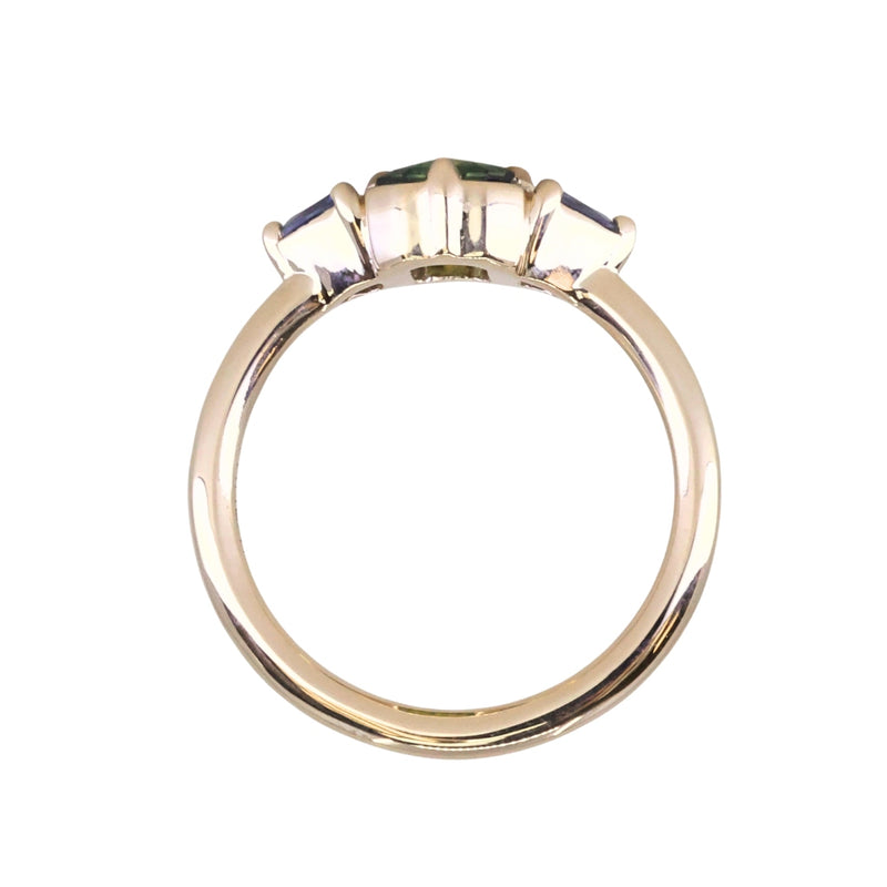 1.24ct Untreated Emerald Cut Parti Madagascar Sapphire and Trillion Sapphire Compass Set Low Profile Ring in 14k Yellow Gold