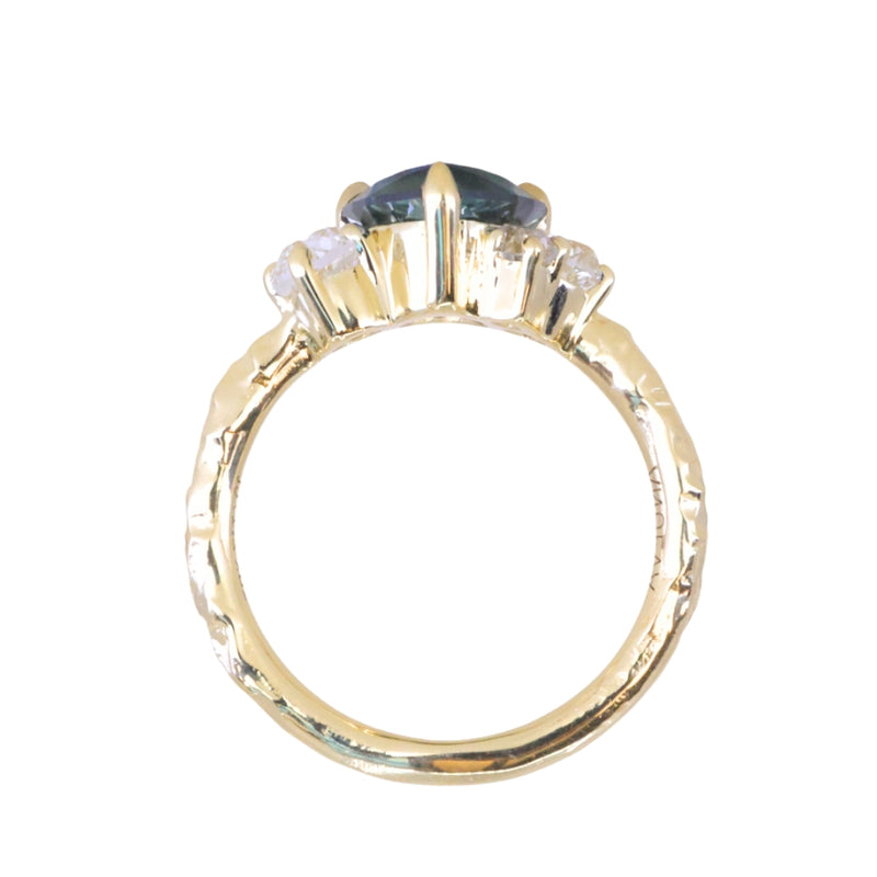 2.17ct Trillion Teal Blue Untreated Montana Sapphire and Antique Diamond Mountainscape Ring in 18k Yellow Gold