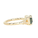 1.65ct Teal Blue Radiant Cut Madagascar Sapphire in Wandering Vine Low Profile 4 Prong Setting with Diamonds in 14k Yellow