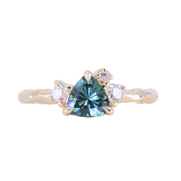 0.78ct Teal Montana Sapphire and Genuine Antique Diamond Mountainscape Ring in 14k Evergreen Carved Yellow Gold
