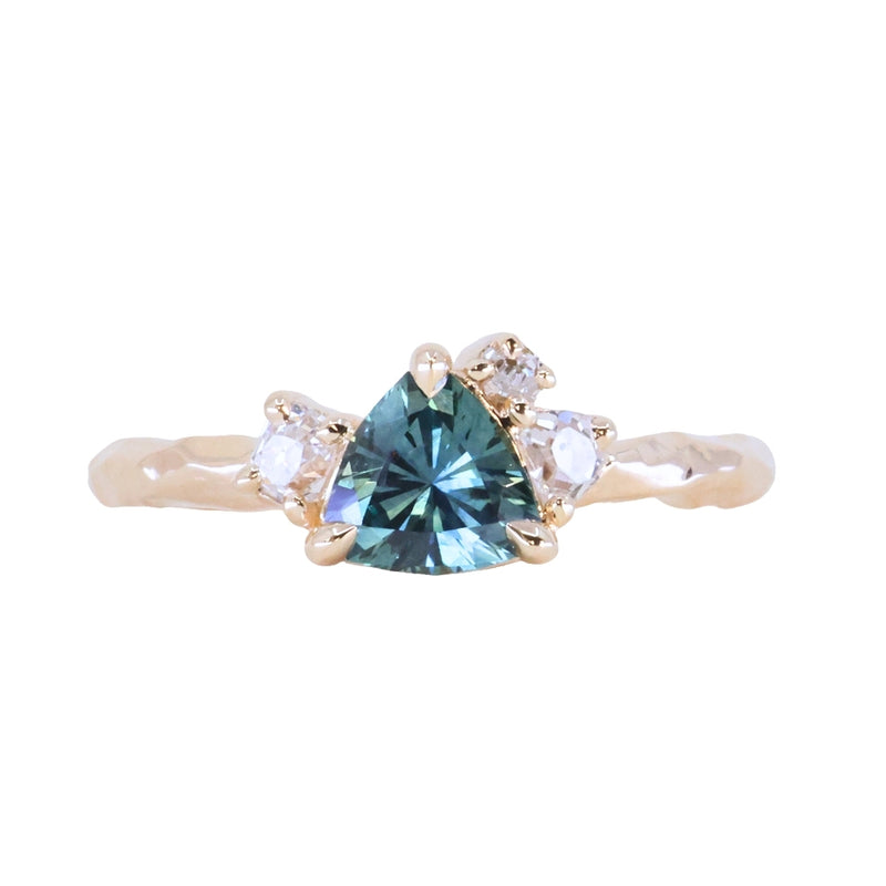 0.78ct Teal Montana Sapphire and Genuine Antique Diamond Mountainscape Ring in 14k Evergreen Carved Yellow Gold