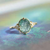 3.05ct Untreated Fantasy Cut Green Sapphire and Diamond Three Stone Antique Compass Style Low Profile Ring in 18k Yellow Gold