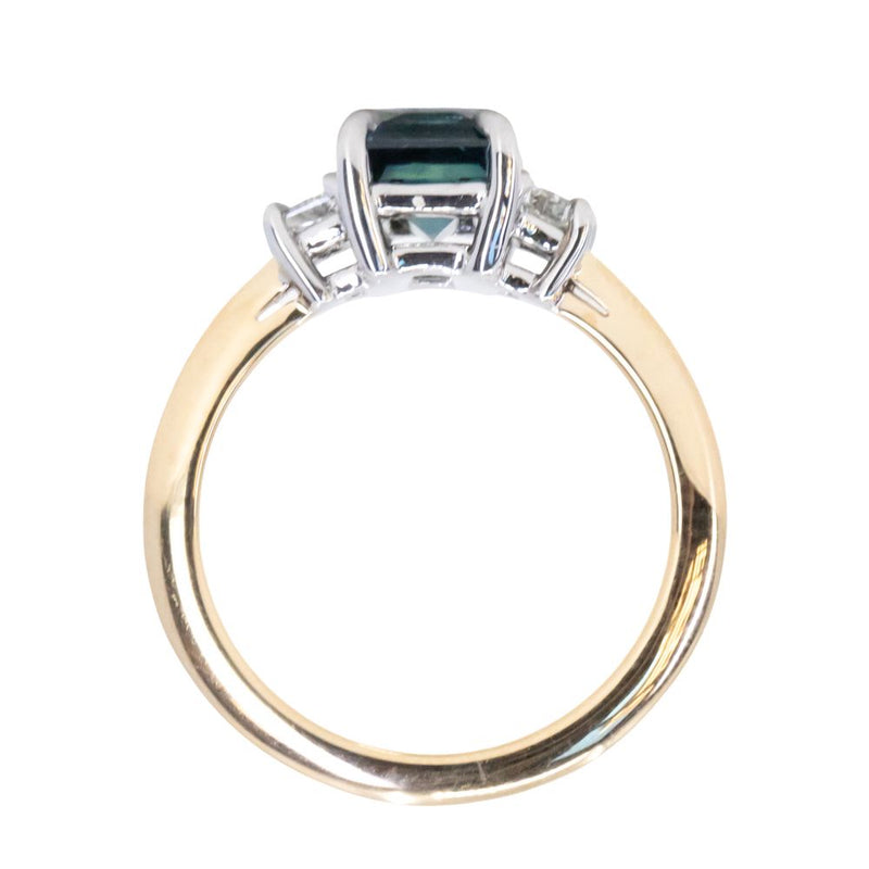 2.01ct Parti Teal Baguette Sapphire and Trapezoid Cut Diamond Low Profile Three Stone Ring in Platinum and 18k Yellow Gold