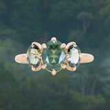 1.53ct Untreated Australian Oval Sapphire and Parti Oval Three Stone Low Profile Six Prong Ring in 14k Yellow Gold