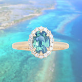 1.63ct Oval Untreated Madagascar Teal Sapphire Antique-Style Diamond Halo Ring in 14k Yellow Gold