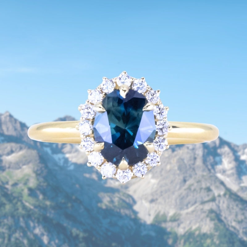 1.76ct Deep Teal Oval Untreated Nigerian Sapphire Antique-Style Diamond Halo Ring in 18k Yellow Gold