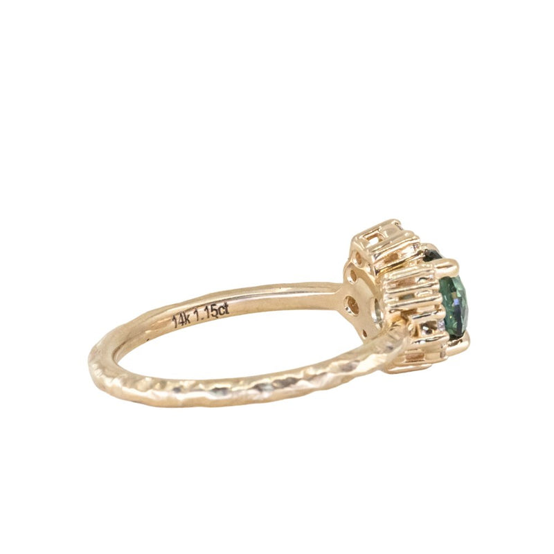 1.15ct Round Teal Montana Sapphire and Diamond Asymmetrical Cluster Ring in 14k Yellow gold with Evergreen Texture