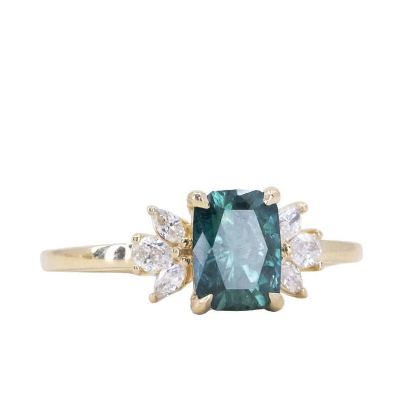 1.67ct Radiant Cut Deep Teal Blue Montana Sapphire and Lab Grown Marquise Diamond Cluster Ring in 14k Yellow Gold