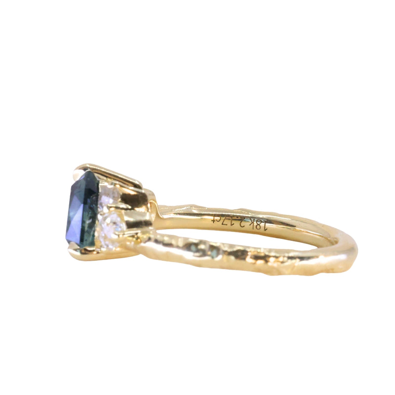 2.17ct Trillion Teal Blue Untreated Montana Sapphire and Antique Diamond Mountainscape Ring in 18k Yellow Gold