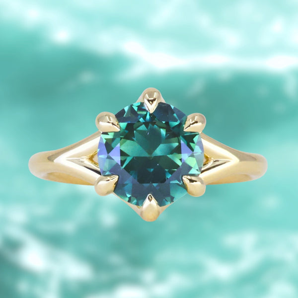 2.57ct Untreated Australian Teal Sapphire Low Profile Split Shank Six Prong Ring in 18k Yellow Gold