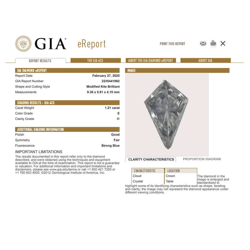 1.21ct 9.36x5.91x4.15mm GIA I1 E Kite Brilliant 26169-01