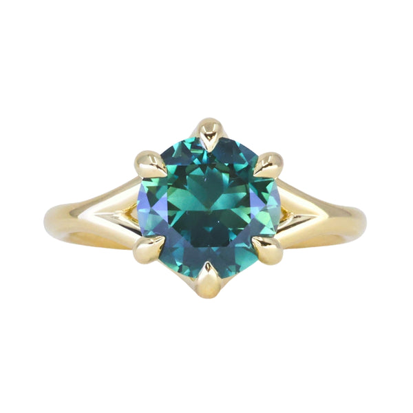 2.57ct Untreated Australian Teal Sapphire Low Profile Split Shank Six Prong Ring in 18k Yellow Gold