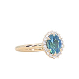 1.63ct Oval Untreated Madagascar Teal Sapphire Antique-Style Diamond Halo Ring in 14k Yellow Gold