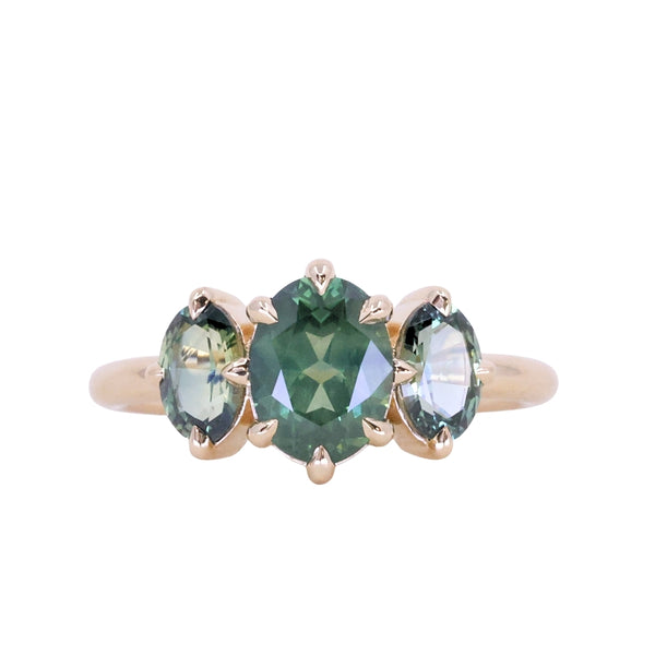 1.53ct Untreated Australian Oval Sapphire and Parti Oval Three Stone Low Profile Six Prong Ring in 14k Yellow Gold