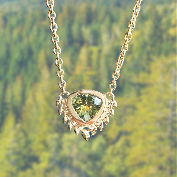 1.25ct Green Trillion Brilliant Montana Sapphire Vine Frame Necklace in 14k Yellow Gold