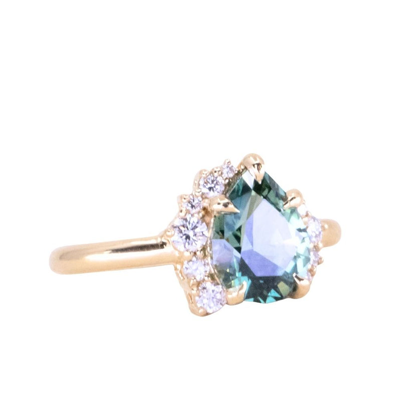 2.33ct Untreated Pear Montana Sapphire and Diamond Asymmetrical Cluster Ring in 18k Yellow Gold