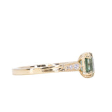 1.33ct Emerald Cut Light Aqua Blue Green Sapphire and Diamond Vintage Cathedral Double Prong Ring in 14k Yellow Gold