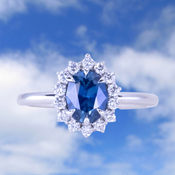 1.06ct Untreated Oval Nigerian Sapphire Antique-Style Diamond Halo Ring in Platinum