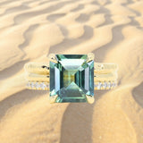 4.58ct Emerald Cut Teal Sapphire Triple Band with Diamonds and Evergreen Texture 4 Prong Low Profile Ring in 18k Yellow Gold