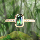 1.11ct Elongated Cushion Australian Parti Sapphire Low Profile Bezel Solitaire Ring with Pavé Set Diamonds in 14k Yellow Gold