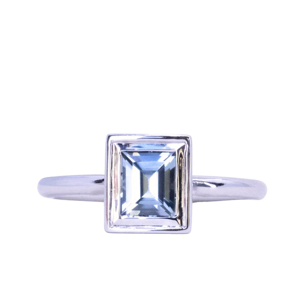 1.21ct Baguette Cut Blue-Grey Spinel and Diamond Low Profile Bezel Hidden Halo Solitaire Ring in Platinum