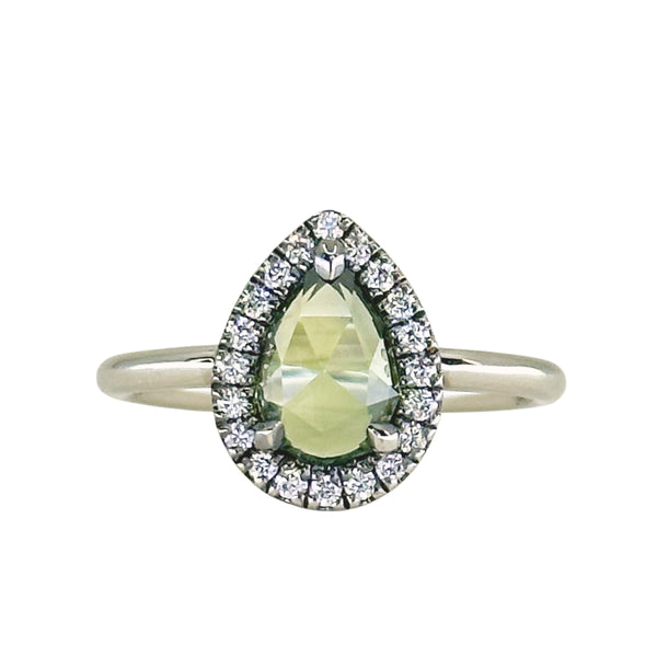 1.11ct Rosecut Pear Australian Green Sapphire and Antiqued Diamond Halo ring in 14k White Gold (Copy)