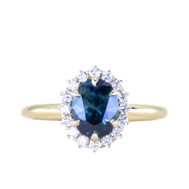 1.76ct Deep Teal Oval Untreated Nigerian Sapphire Antique-Style Diamond Halo Ring in 18k Yellow Gold