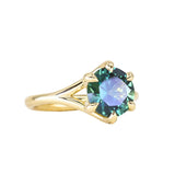 2.57ct Untreated Australian Teal Sapphire Low Profile Split Shank Six Prong Ring in 18k Yellow Gold
