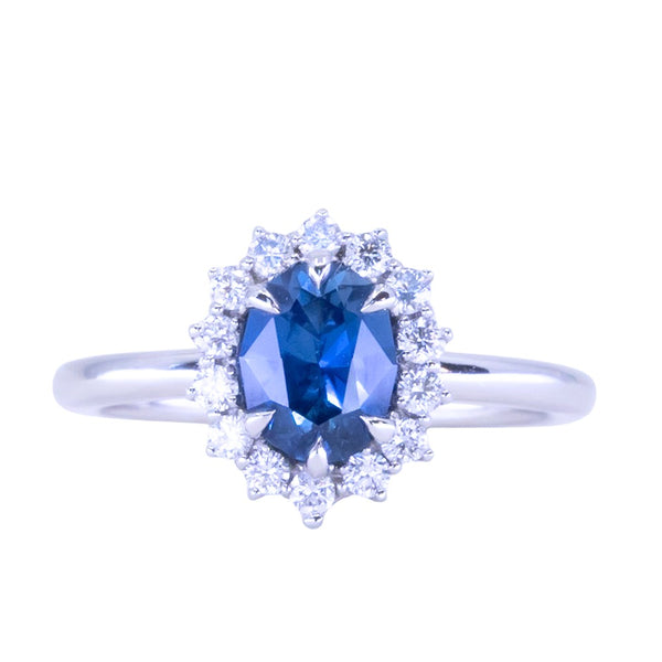 1.06ct Untreated Oval Nigerian Sapphire Antique-Style Diamond Halo Ring in Platinum