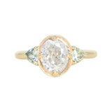 1.59ct Modern Old Mine Cut Oval GIA Diamond Three Stone Ring with Trillion Side Diamonds Compass Set Low Profile Milgrain Antique Ring in 14K Yellow Gold