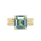 4.58ct Emerald Cut Teal Sapphire Triple Band with Diamonds and Evergreen Texture 4 Prong Low Profile Ring in 18k Yellow Gold