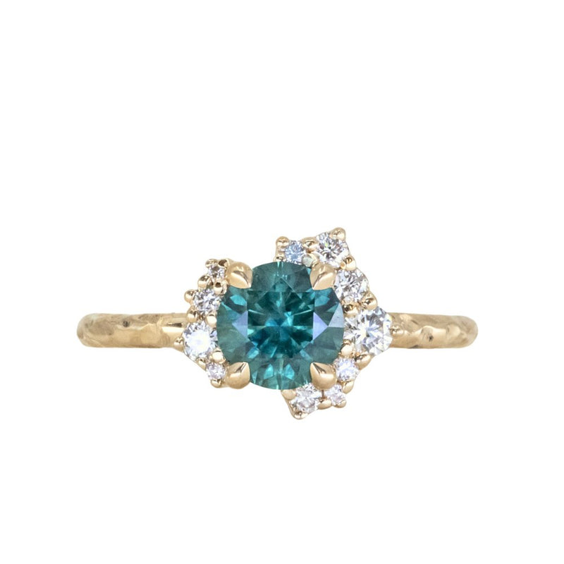 1.15ct Round Teal Montana Sapphire and Diamond Asymmetrical Cluster Ring in 14k Yellow gold with Evergreen Texture