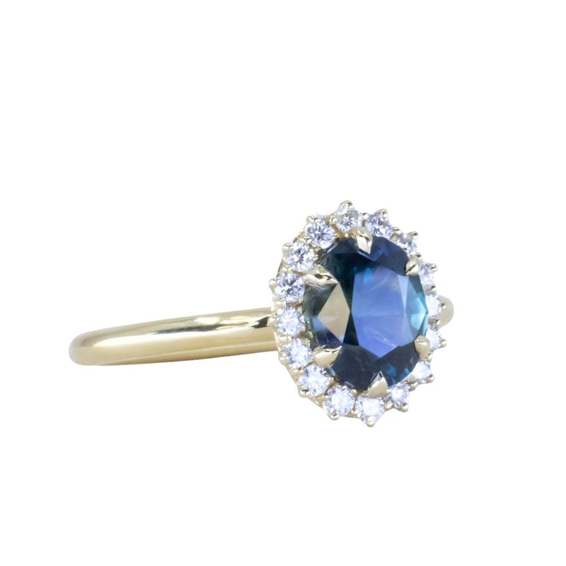 1.76ct Deep Teal Oval Untreated Nigerian Sapphire Antique-Style Diamond Halo Ring in 18k Yellow Gold