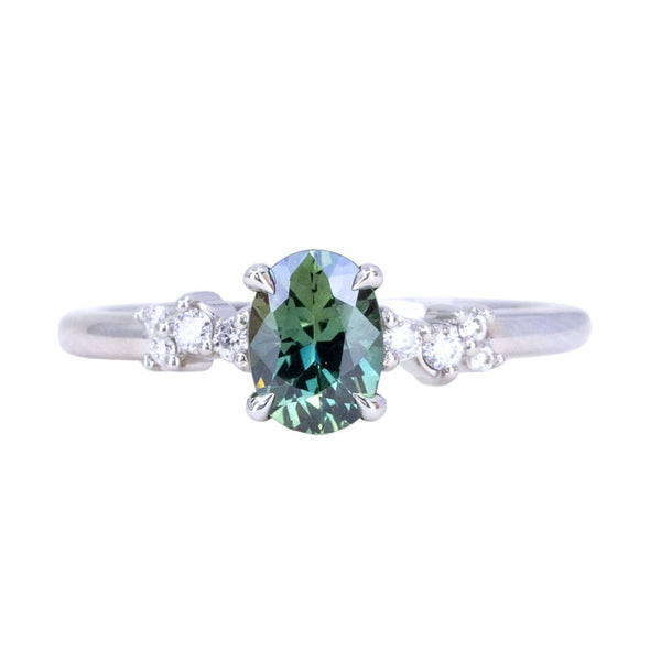 0.96ct Oval Parti Teal Sapphire and Diamond Starry Night Low Profile Solitaire in 14k White Gold