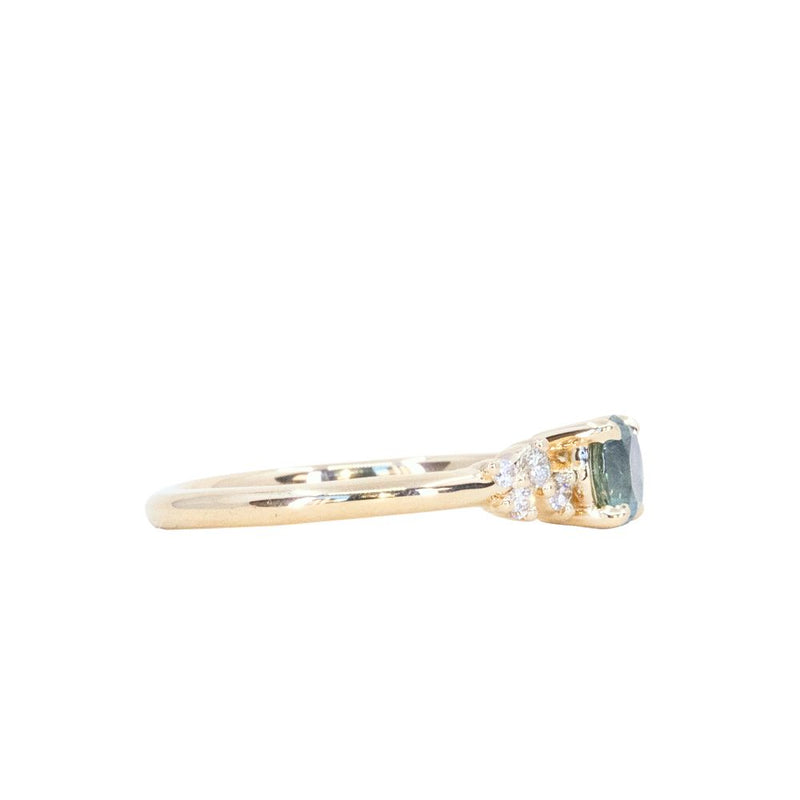 0.57ct Round Untreated Australian Light Teal Sapphire and Diamond Starry Night Low Profile Solitaire in 14k Yellow Gold