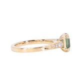 1.33ct Emerald Cut Light Aqua Blue Green Sapphire and Diamond Vintage Cathedral Double Prong Ring in 14k Yellow Gold