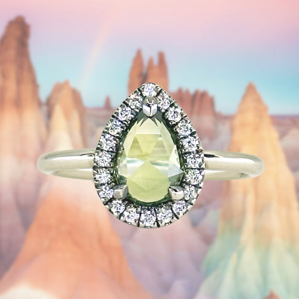 1.11ct Rosecut Pear Australian Green Sapphire and Antiqued Diamond Halo ring in 14k White Gold (Copy)