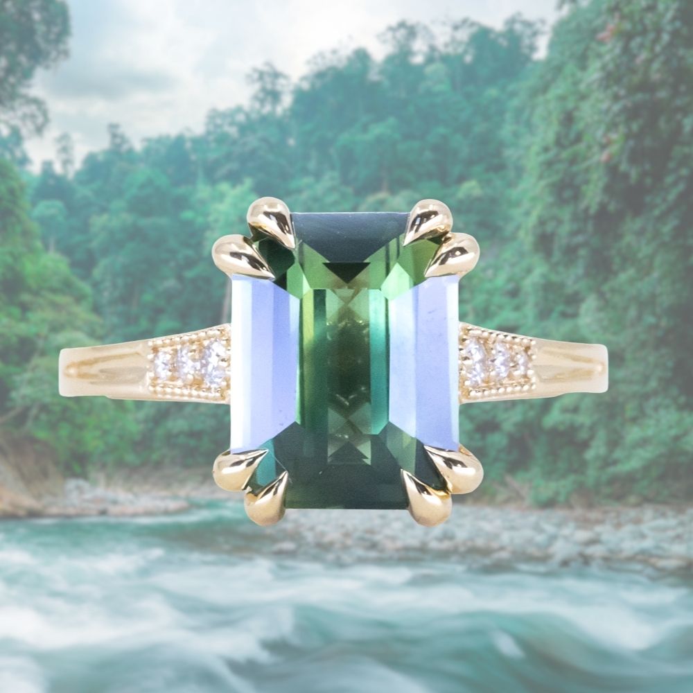 4.08ct Emerald Cut Green Sapphire and Diamond Vintage Cathedral
