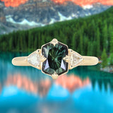 1.10ct Fantasy Cut Kenyan Sapphire and Diamond Milgrain Three Stone Low Profile Ring in 14k Yellow Gold