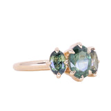 1.53ct Untreated Australian Oval Sapphire and Parti Oval Three Stone Low Profile Six Prong Ring in 14k Yellow Gold