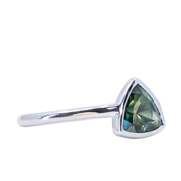 1.57ct Trillion Deep Teal Green Sapphire Contemporary Bezel Set Ring in 18k White Gold