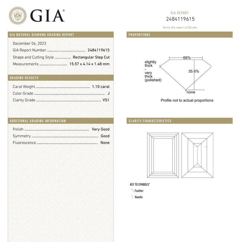 1.10ct 15.57x4.14x1.48mm GIA VS1 J Baguette Step Cut 24305-01