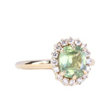 1.99ct "Old Mine Cushion" cut Silky Light Green Montana Sapphire Antique-Style Diamond Halo Ring in 14k Yellow Gold