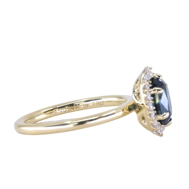 1.76ct Deep Teal Oval Untreated Nigerian Sapphire Antique-Style Diamond Halo Ring in 18k Yellow Gold