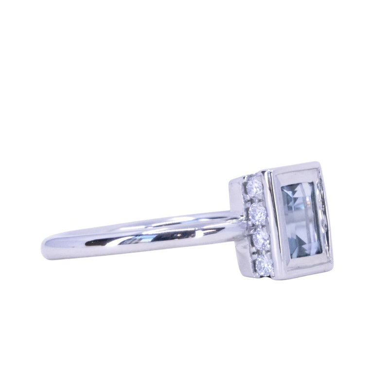 1.21ct Baguette Cut Blue-Grey Spinel and Diamond Low Profile Bezel Hidden Halo Solitaire Ring in Platinum