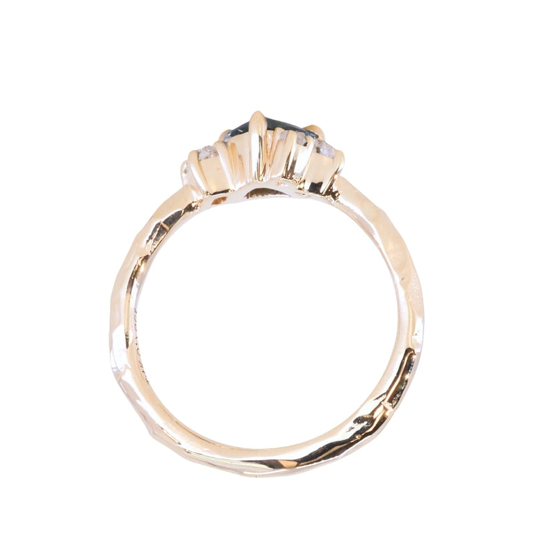 0.78ct Teal Montana Sapphire and Genuine Antique Diamond Mountainscape Ring in 14k Evergreen Carved Yellow Gold